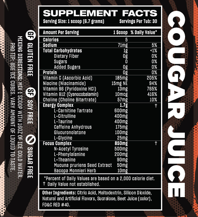 SexyGG Gaming Energy Drink, Cougar Juice Tiger's Blood Flavor, GG Energy For Gamers, Nutrition Facts Panel