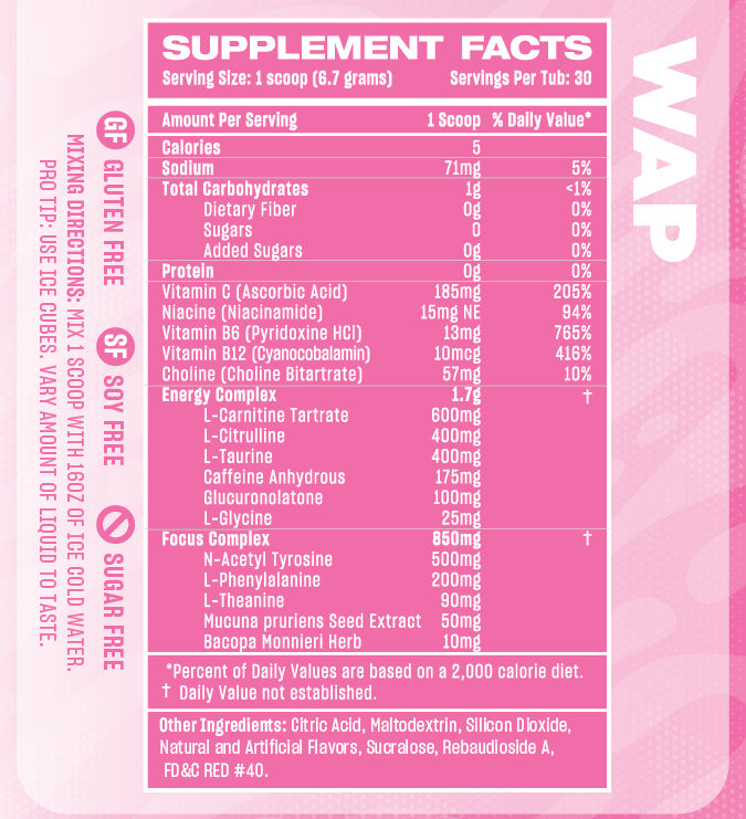 SexyGG Gaming Energy Drink, WAP Strawberry Kiwi Flavor, GG Energy For Gamers, Nutrition Facts Panel