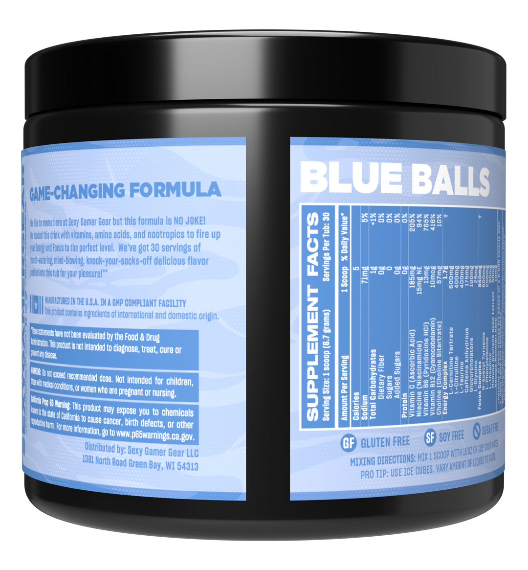 SexyGG Sexy Gamer Gear Gaming Energy Drink, Blue Balls Blue Raspberry Flavor, GG Energy For Gamers, Tub Back Panel
