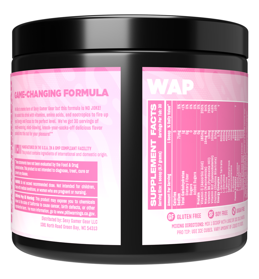 SexyGG Gaming Energy Drink, WAP Strawberry Kiwi Flavor, GG Energy For Gamers, Back Of Tub