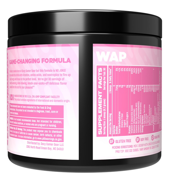 SexyGG Gaming Energy Drink, WAP Strawberry Kiwi Flavor, GG Energy For Gamers, Back Of Tub